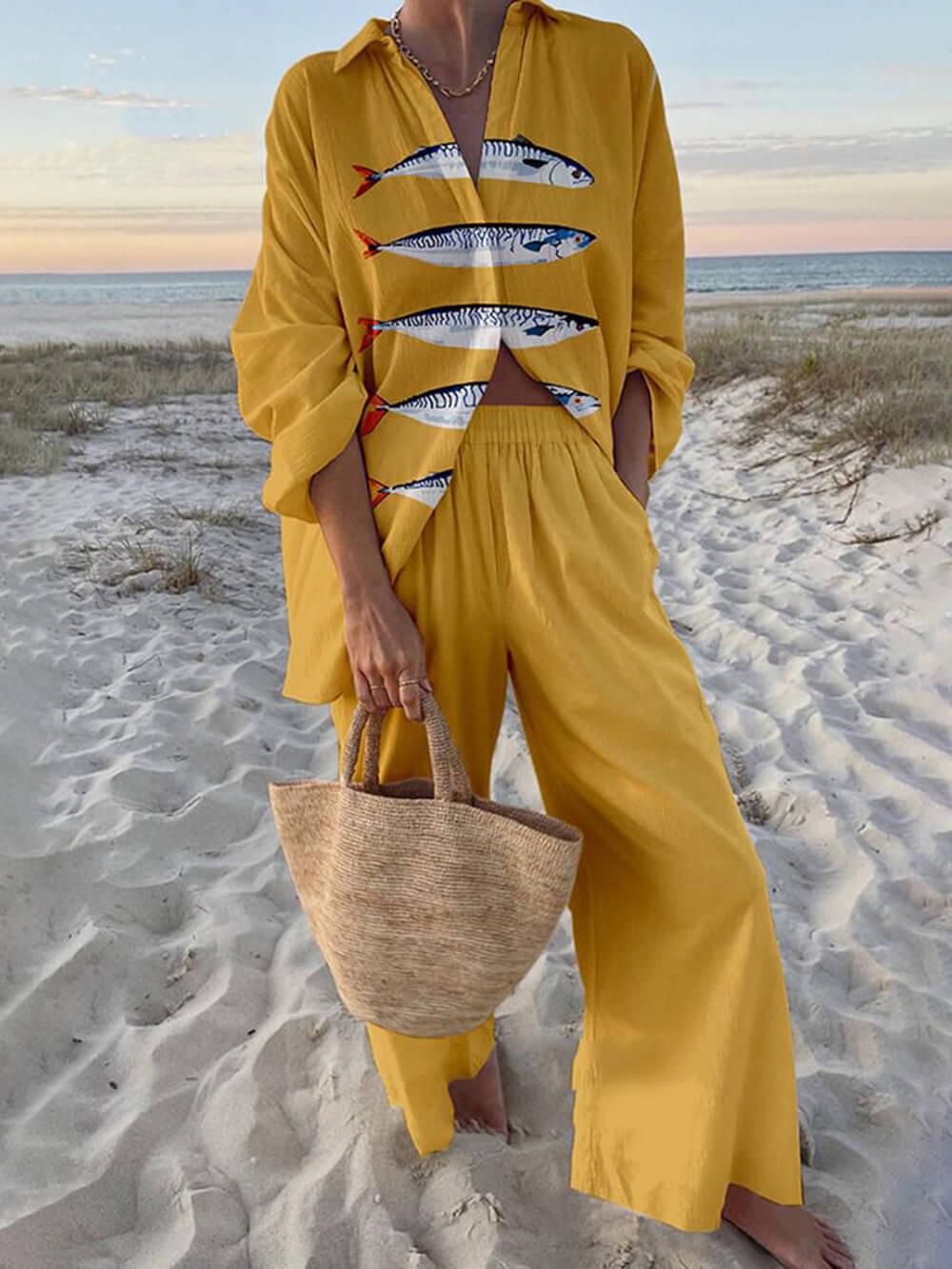 Gisella | Set med havsmönstrad oversizeblus och byxor med elastiska fickor