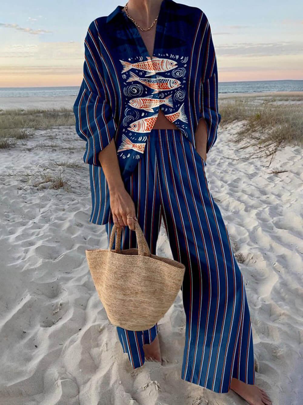 Gisella | Set med havsmönstrad oversizeblus och byxor med elastiska fickor