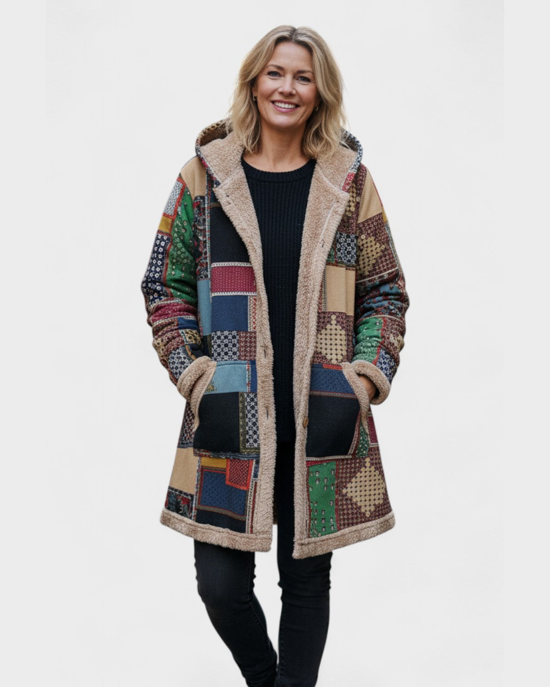 Ottavia | Hoodie med lapptäcksmönster i jordtoner