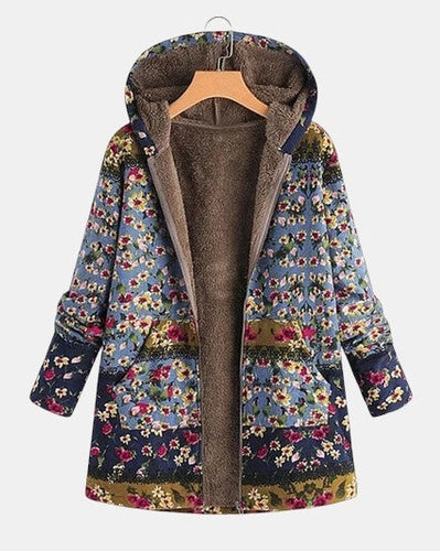 Elena | Bohemisk hoodie i sherpa med blommönster