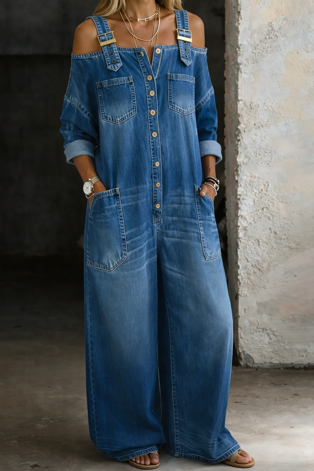 Judith | Jumpsuit i denim med bara axlar