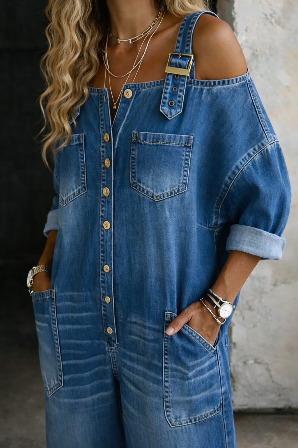 Judith | Jumpsuit i denim med bara axlar