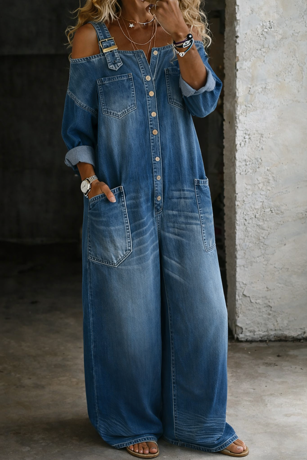 Judith | Jumpsuit i denim med bara axlar