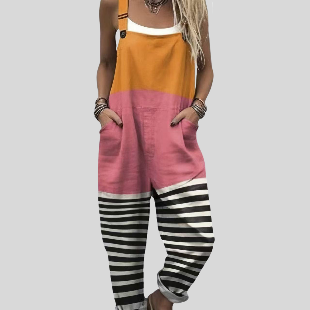 Hängselbyxor med orange och rosa färgblock