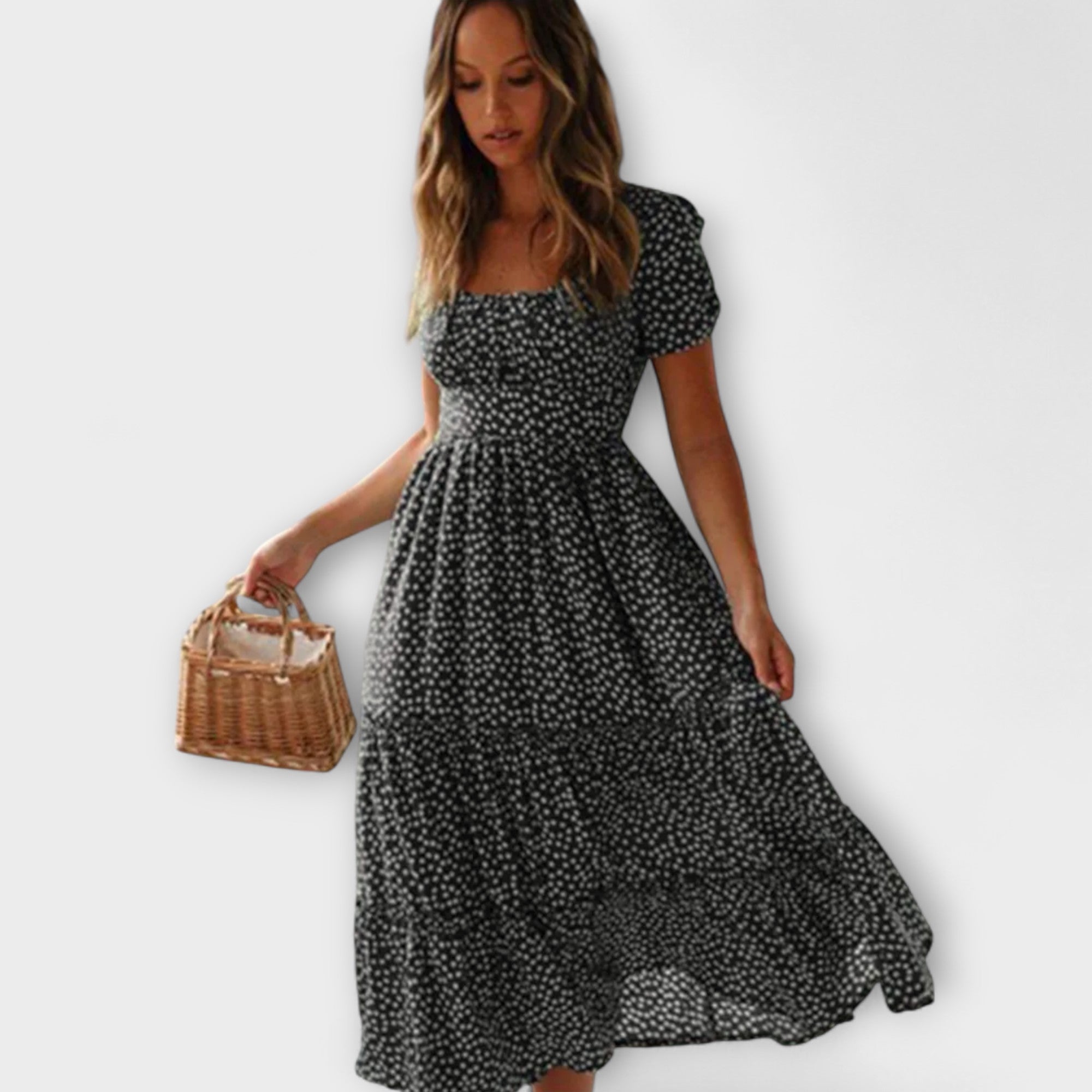 Margareta | Långklänning med puffärmar och blommönster i vintagestil