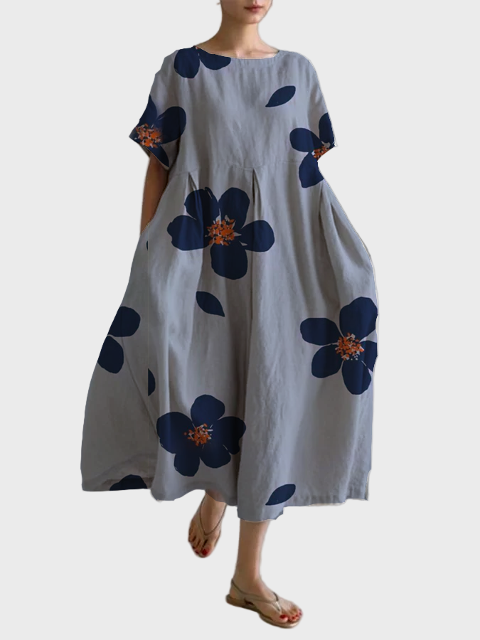 Elise | Grå klänning med marinblå blommor
