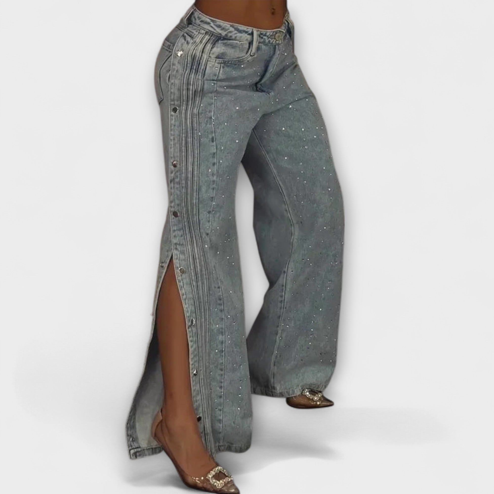 Thea | Vida jeans med strass och sidoknappar