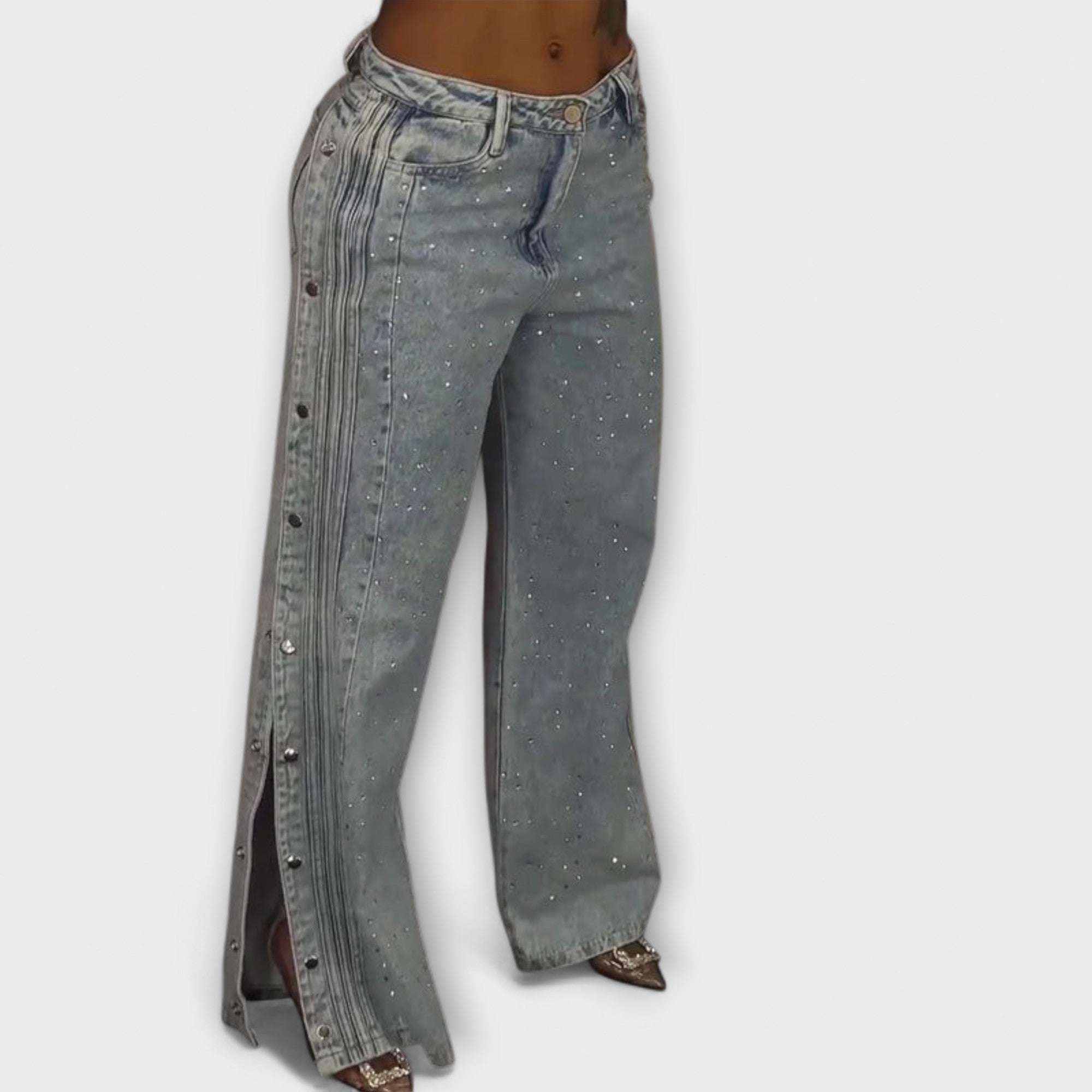 Thea | Vida jeans med strass och sidoknappar