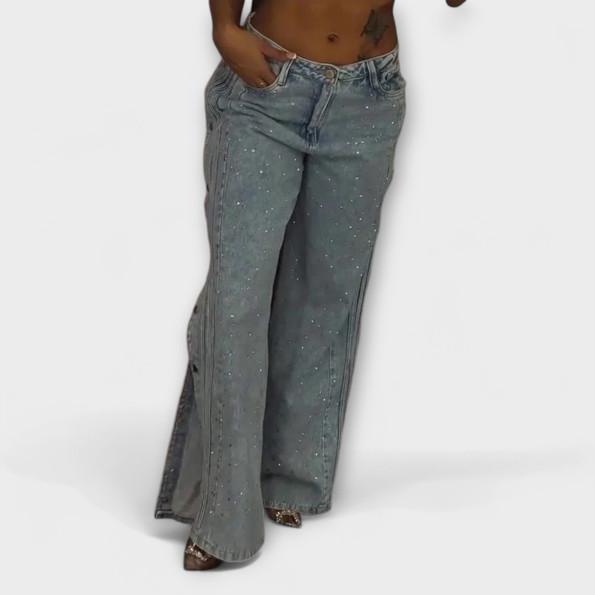 Thea | Vida jeans med strass och sidoknappar