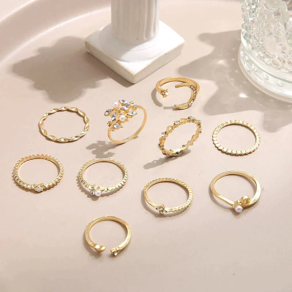 Annemarie | Set med 10 bohemiska ringar med silver- och guldplätering