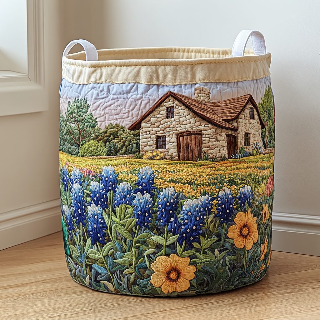 Litet hus bland blommorna | Quiltad tvättkorg