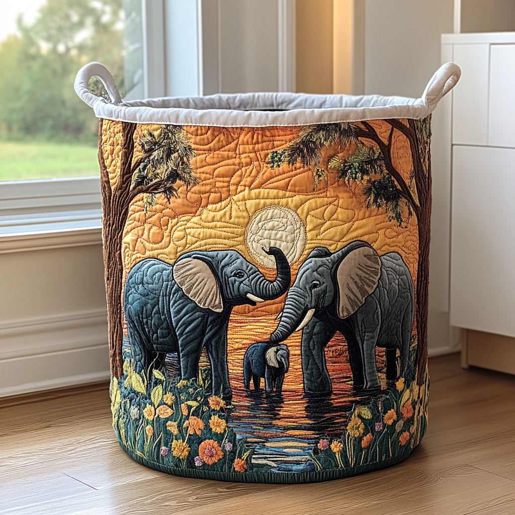 Elefanter på savannen | Quiltad tvättkorg