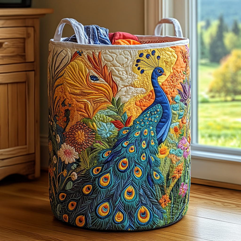 Praktfull påfågel | Quiltad tvättkorg