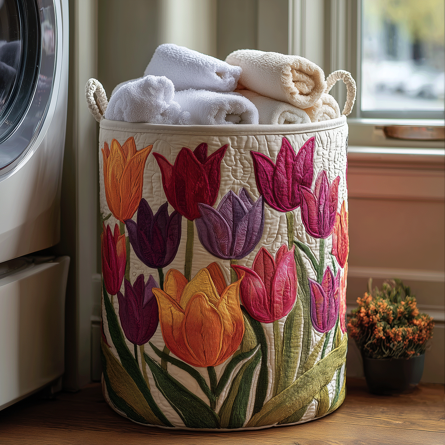 Blommande tulpaner | Quiltad tvättkorg