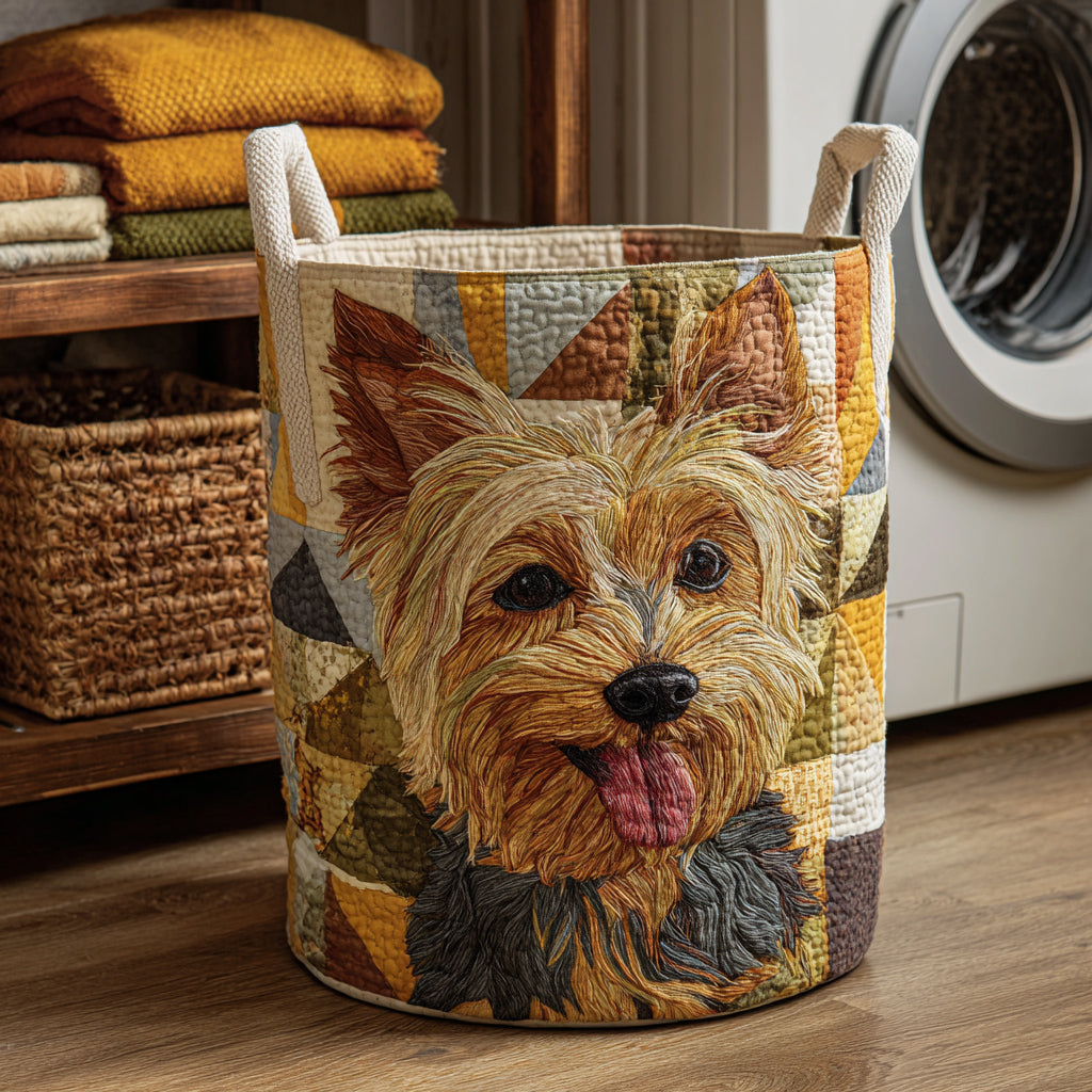 Yorkshireterrier i lapptäcksmönster | Quiltad tvättkorg