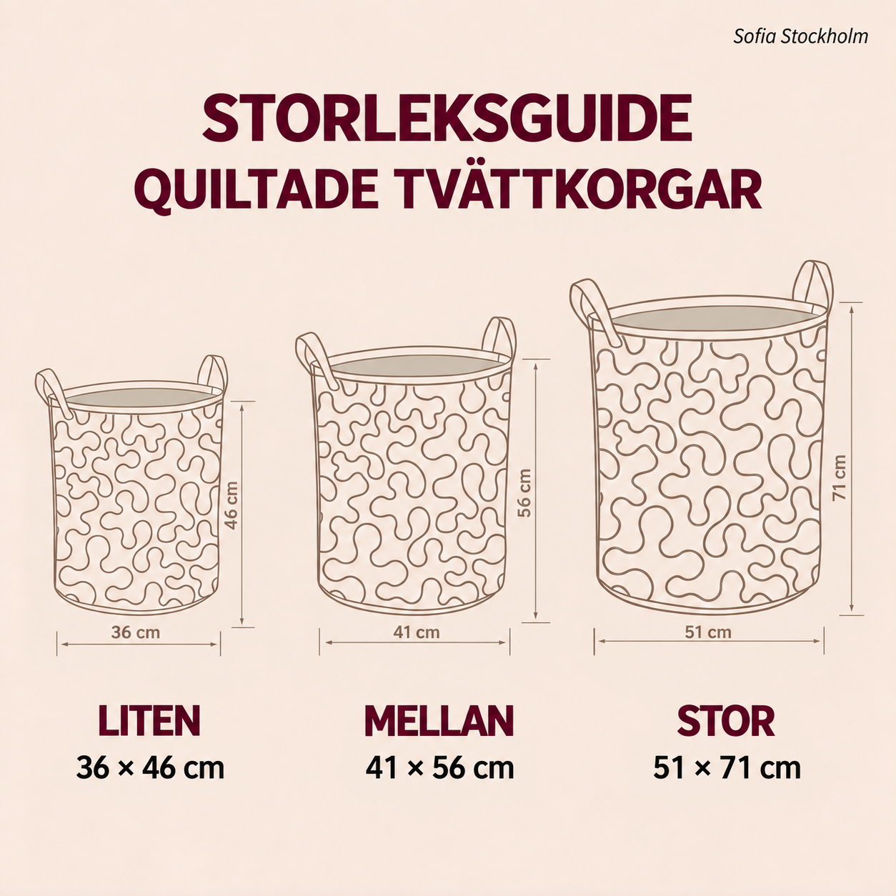 Sofia Stockholm – storleksguide: liten 36 × 46 cm, mellan 41 × 56 cm, stor 51 × 71 cm